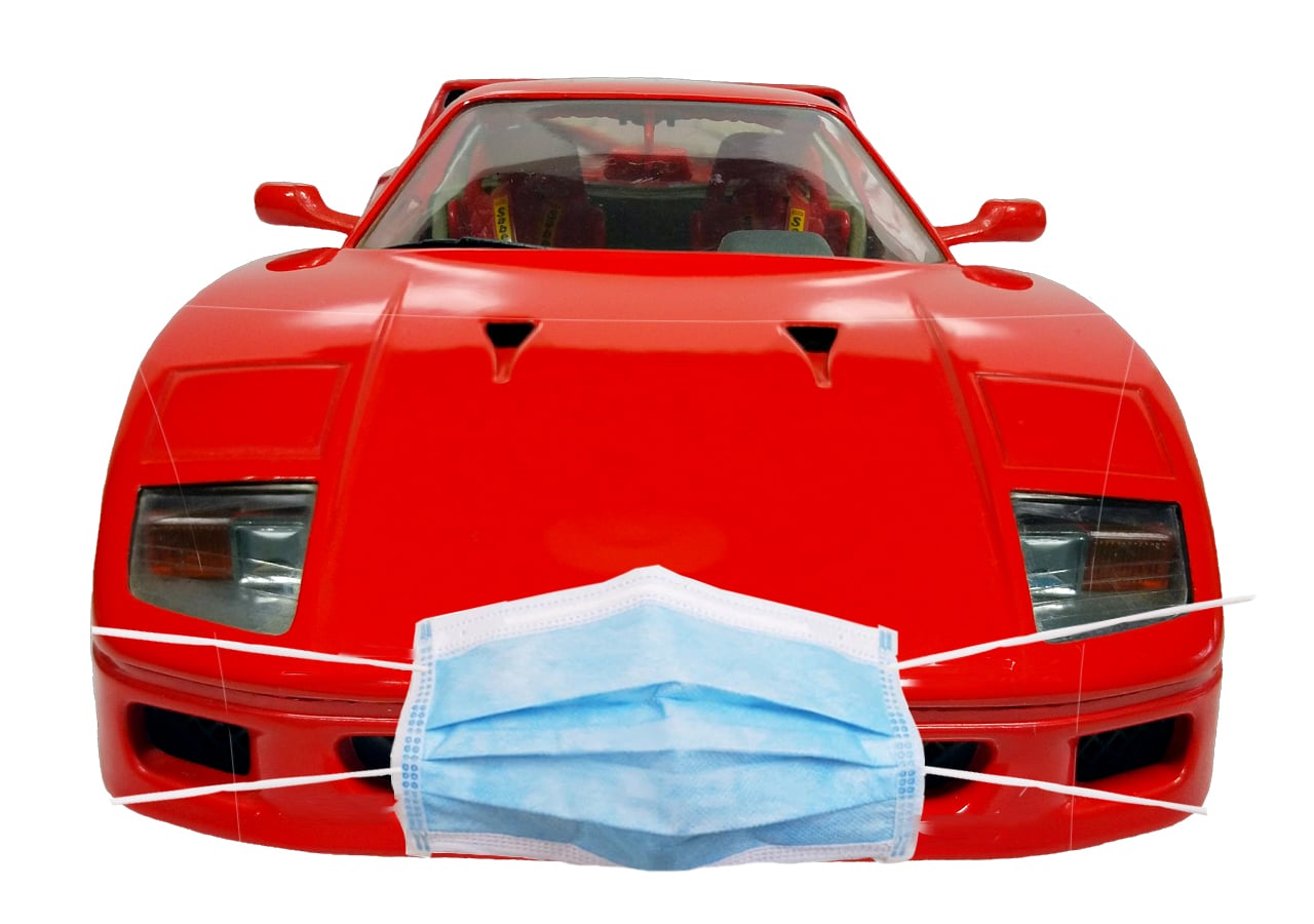race car with surgical mask